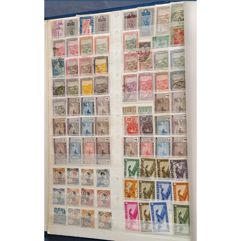 (ST1100A) FRENCH COLONIES · s/book housing an accumulation of approx.800 M/U stamps from various colonies such as NIGER, INDO-CHINA, SOMALIA, NEW HEBRIDES, MARTINIQUE, etc. · very little if any duplication · see full description (12 images)