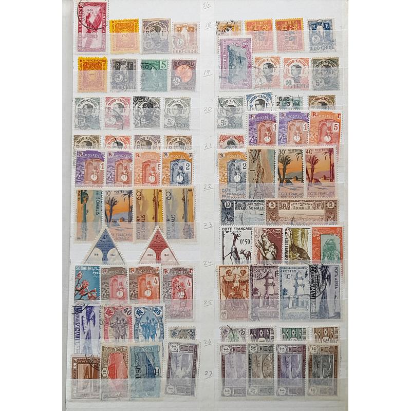 (ST1100A) FRENCH COLONIES · s/book housing an accumulation of approx.800 M/U stamps from various colonies such as NIGER, INDO-CHINA, SOMALIA, NEW HEBRIDES, MARTINIQUE, etc. · very little if any duplication · see full description (12 images)