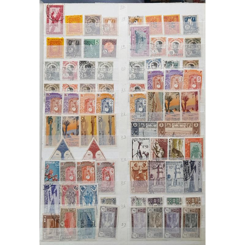 (ST1100A) FRENCH COLONIES · s/book housing an accumulation of approx.800 M/U stamps from various colonies such as NIGER, INDO-CHINA, SOMALIA, NEW HEBRIDES, MARTINIQUE, etc. · very little if any duplication · see full description (12 images)