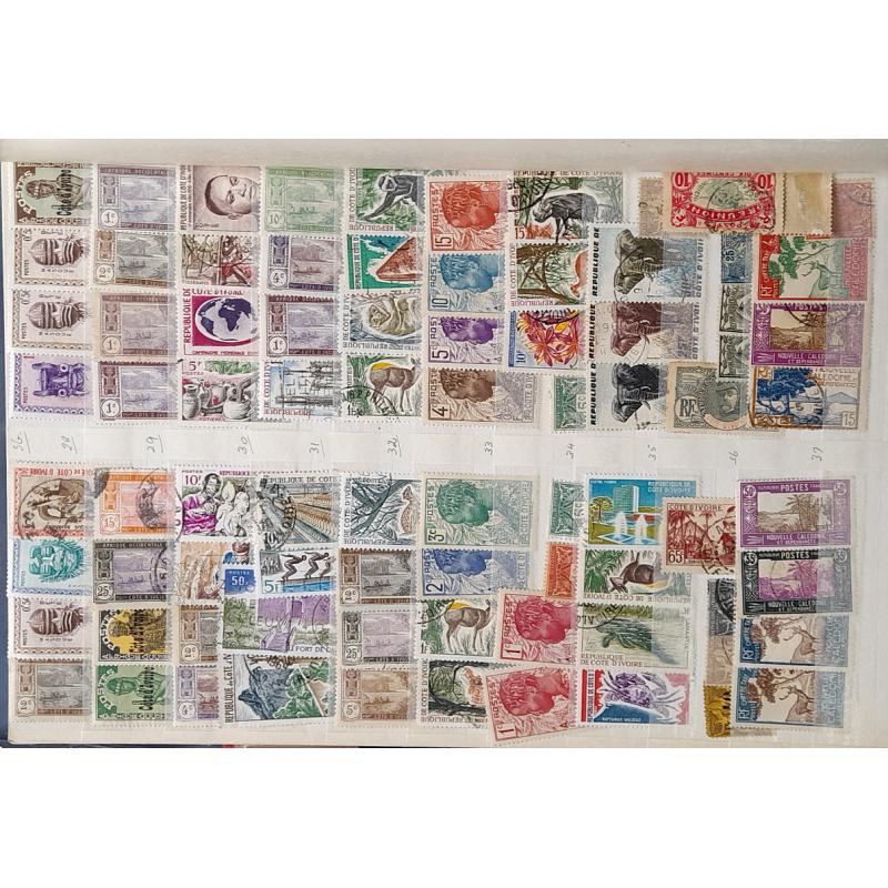 (ST1100A) FRENCH COLONIES · s/book housing an accumulation of approx.800 M/U stamps from various colonies such as NIGER, INDO-CHINA, SOMALIA, NEW HEBRIDES, MARTINIQUE, etc. · very little if any duplication · see full description (12 images)