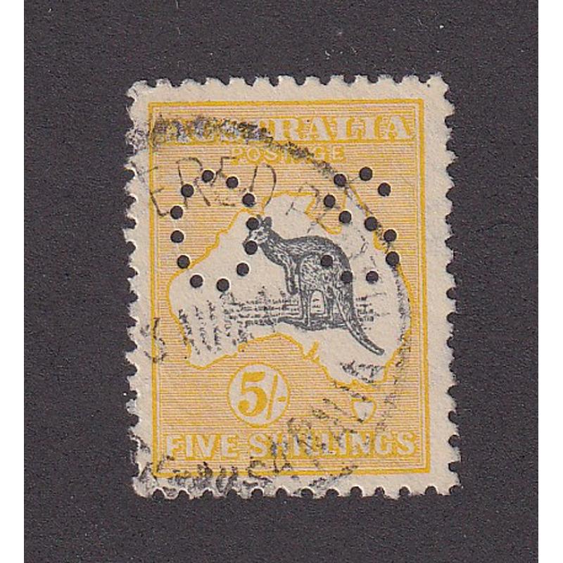 (ST1102) AUSTRALIA · 1915: used 5/- deep grey and chrome Roo (2nd Wmk) perf OS BW 43Bb · excellent condition · accompanied by Starling certificate (2020) · see full description · c.v. AU$700 (3 images)