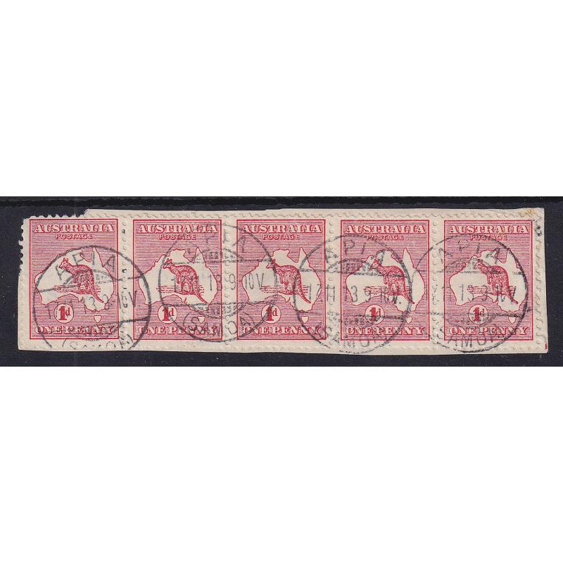 (ST1103) AUSTRALIA · 1914: strip of 5x Die I 1d Roos on envelope clipping bearing 4 clear APIA · SAMOA cds postmarks · as New Zealand has occupied the German colony in August, it is likely that this clipping has been removed from paquebot mail