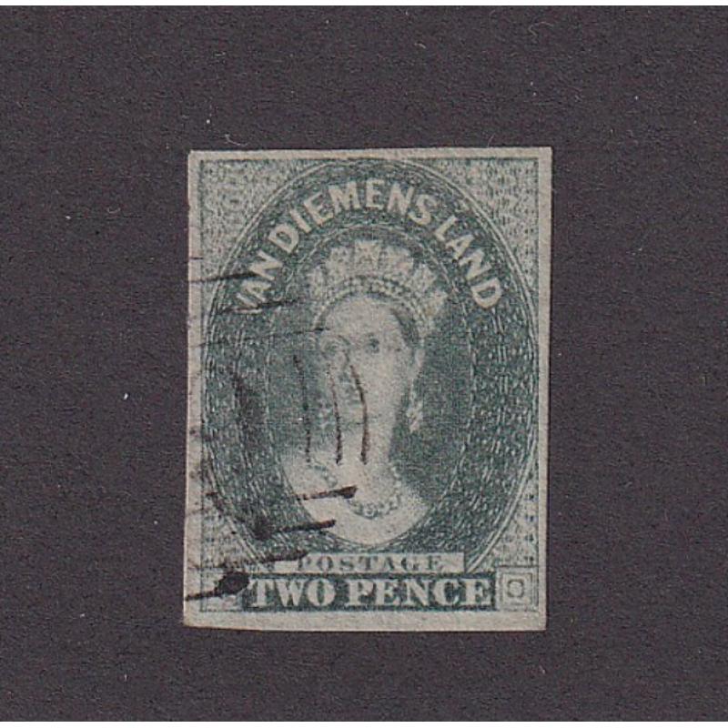 (ST1106) TASMANIA ·  1860: nicely used imperf 2d slate green QV Chalon SG 34 with 4 excellent margins · c.v. £100 (2 images)