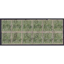 (ST1111) NEW SOUTH WALES ·  lightly used block of 12x 1d green KGV defins (CofA wmk) bearing G/NSW official perfin · 'exhibit ready' multiple (2 images)