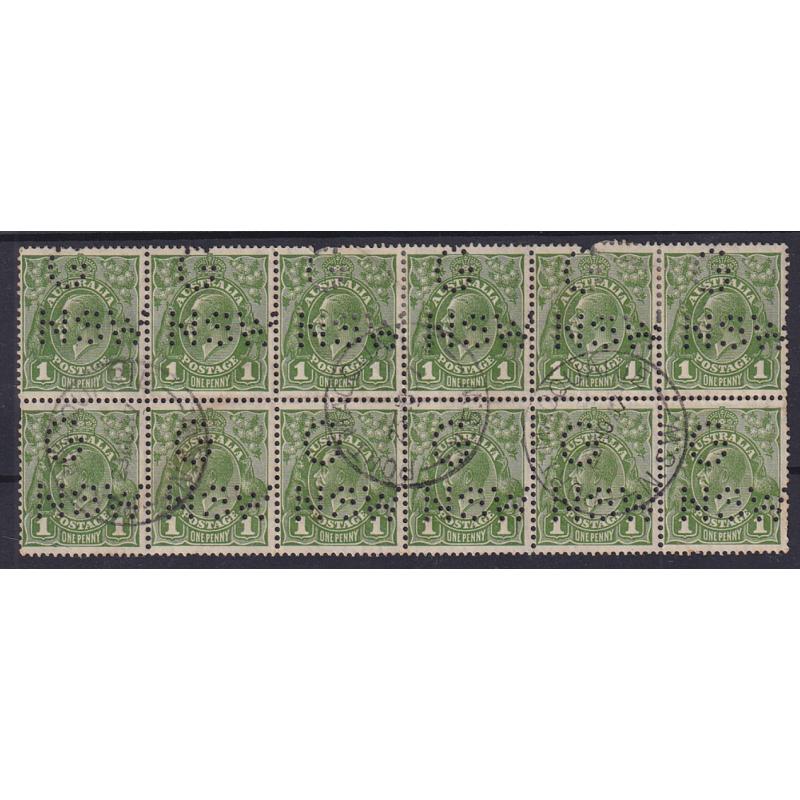 (ST1111) NEW SOUTH WALES ·  lightly used block of 12x 1d green KGV defins (CofA wmk) bearing G/NSW official perfin · 'exhibit ready' multiple (2 images)