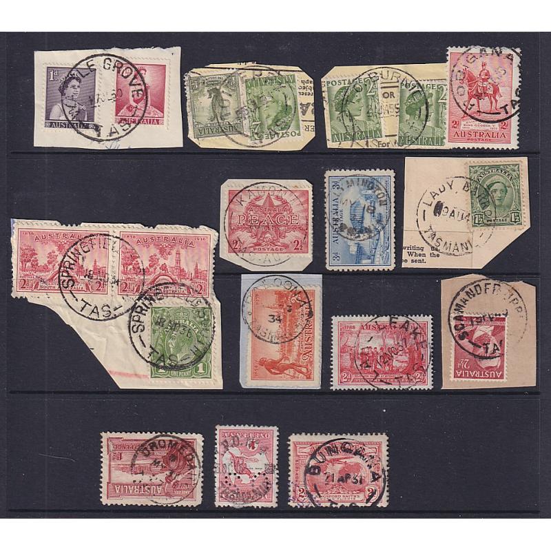 (ST1112) TASMANIA ·  1915/60: a Baker's Dozen of selected postmarks on stamp or piece · noted R & RR rated strikes · includes TOIBERRY, BUNGANA, SCAMANDER UPPER, T.O. BURNIE and so on (13)