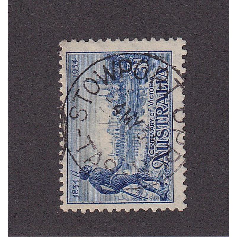 (ST1113) TASMANIA ·  1935: a clear and nearly complete strike of the STOWPORT UPPER Type 4 cds on a 3d Vic Centenary · postmark is rated 4R