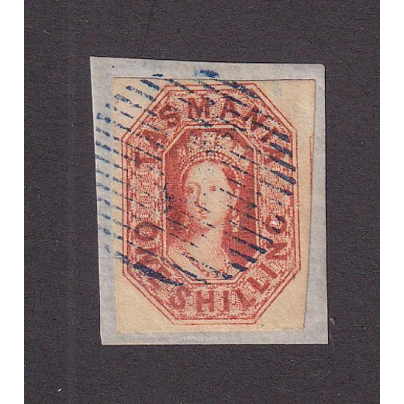 (ST1120) TASMANIA ·  1858: imperf 1/- vermilion QV Chalon tied to piece by a light VIC barred obliterator in blue ink · stamp has close to excellent margins ..... see largest image · c.v. £95