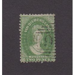 (ST1121) TASMANIA ·  1865/71: lightly used 2d yellow-green QV Chalon ('2' Wmk · perf.12) SG 71 · one missing base perf o/wise in fine condition · c.v. £110 (2 images)