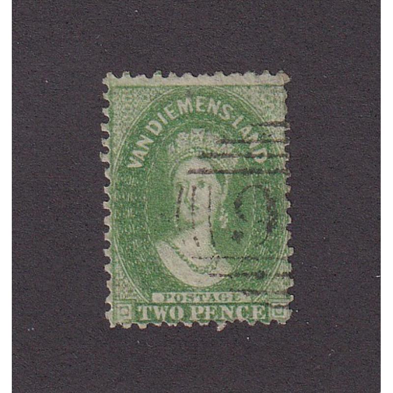 (ST1121) TASMANIA ·  1865/71: lightly used 2d yellow-green QV Chalon ('2' Wmk · perf.12) SG 71 · one missing base perf o/wise in fine condition · c.v. £110 (2 images)