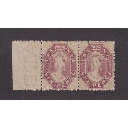 (ST1122) TASMANIA ·  1891: marginal pair of mint 6d dull claret QV Chalons SG 142 · LH unit is MLH · total c.v. £110 (2 images)