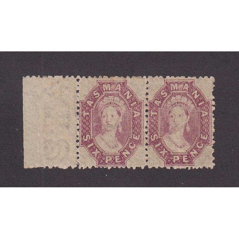 (ST1122) TASMANIA ·  1891: marginal pair of mint 6d dull claret QV Chalons SG 142 · LH unit is MLH · total c.v. £110 (2 images)