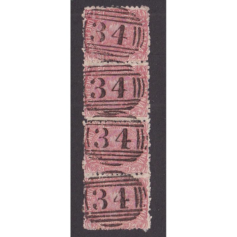 (ST1124) TASMANIA ·  strip of 4x 1d QV S/faces with bold strikes of BN34 used at FINGAL · exhibit ready!