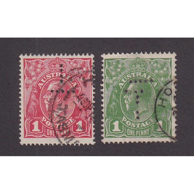 (ST1130) AUSTRALIA · used 1d red KGV (inverted S Wmk) and 1d green KGV (CofA wmk) both with 'T' perfin anomalies · inverted and with an extra 'bar' respectively. Surprisingly, inverted T perfins are not often seen! (2)