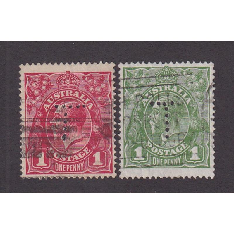 (ST1131) AUSTRALIA · used 1d red & 1d green KGV defins both Large Multi Watermark issues and perf 'T' (5x5) · scarce (2)