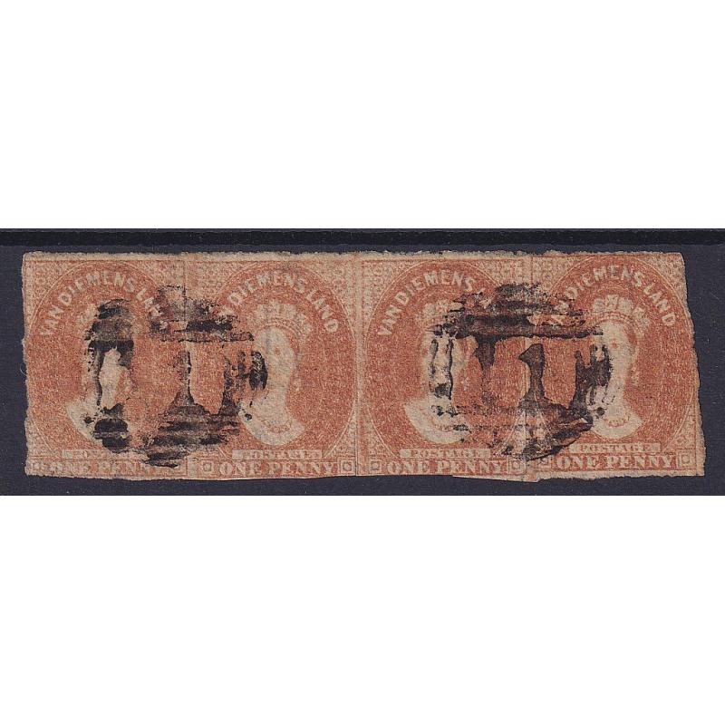 (ST1133) TASMANIA ·  1850s: strip of 4x imperf 1d pale red-brown QV Chalons SG 26 with 2 strikes of 1st Allocation '11' barred numeral · condition as per largest image