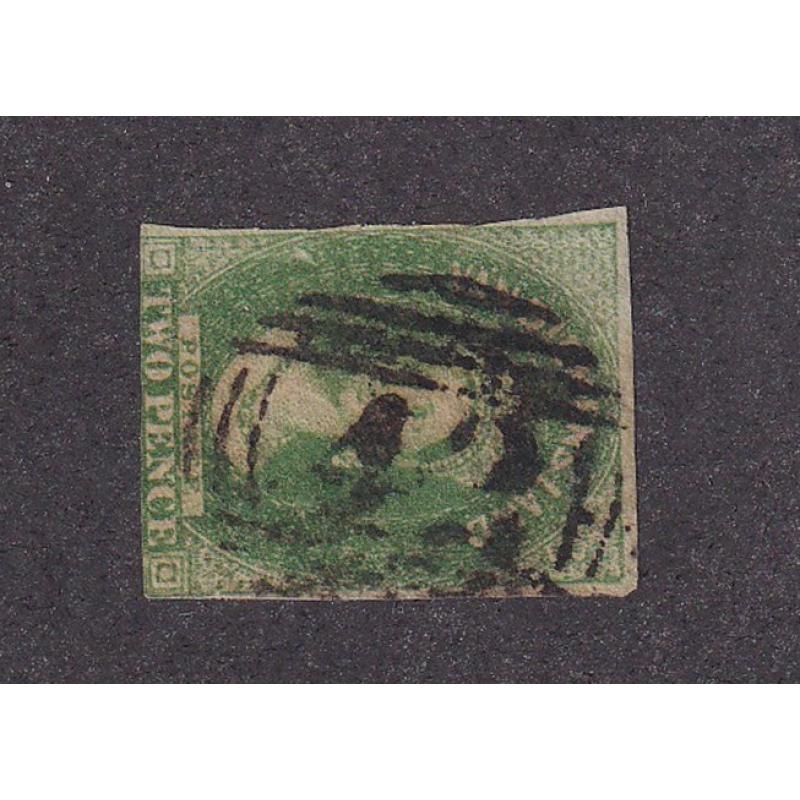 (ST1134) TASMANIA ·  3 margin 2d yellow-green QV Chalon with a well-inked but clear impression of the 2nd Allocation BN42 cancel used at HAMILTON