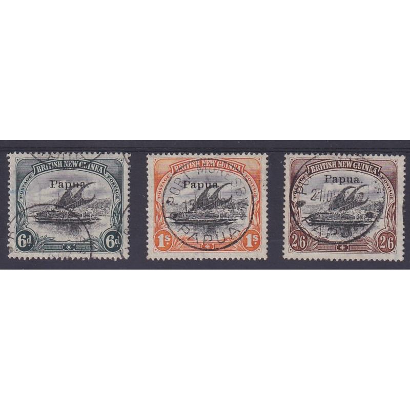 (ST1143) PAPUA · 1907: used 6d black & myrtle-green and 2/6d black & brown BNG Lakatois with small Papua o/prnt; also 1/- black & orange SG 43/44b, 45a · see full description · total c.v. £75 (3)