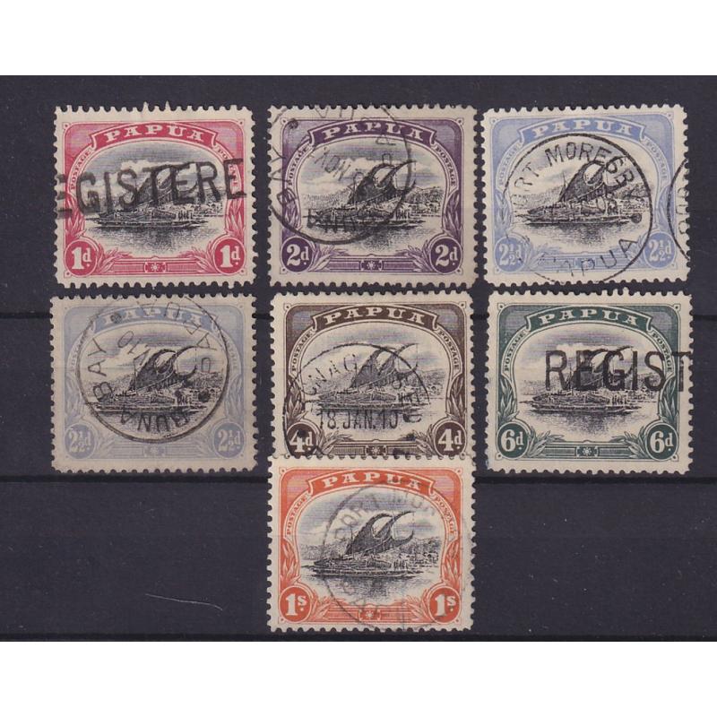 (ST1145) PAPUA · 1907/09: used assembly of "small Papua" Lakatois to 1/- (Crown/A wmk · perf.11) SG 49/54 · total c.v. £110 (7)