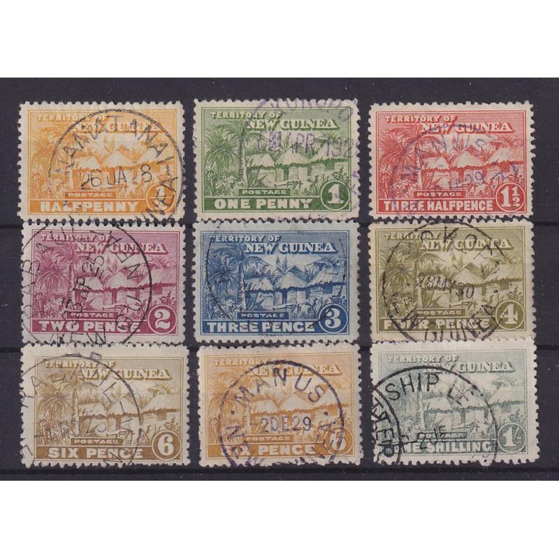 (ST1147) NEW GUINEA · 1920s: used short set of Native Huts to 1/- (no 9d) SG 125/130, 132 · possible postmark interest · total c.v. £175 (9)