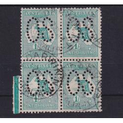 (ST1148) AUSTRALIA · 1913: used marginal block of 4x 1/- emerald Roo (1st Wmk) perf large OS BW 30Ab in excellent condition · total c.v. AU$400 (2 images)