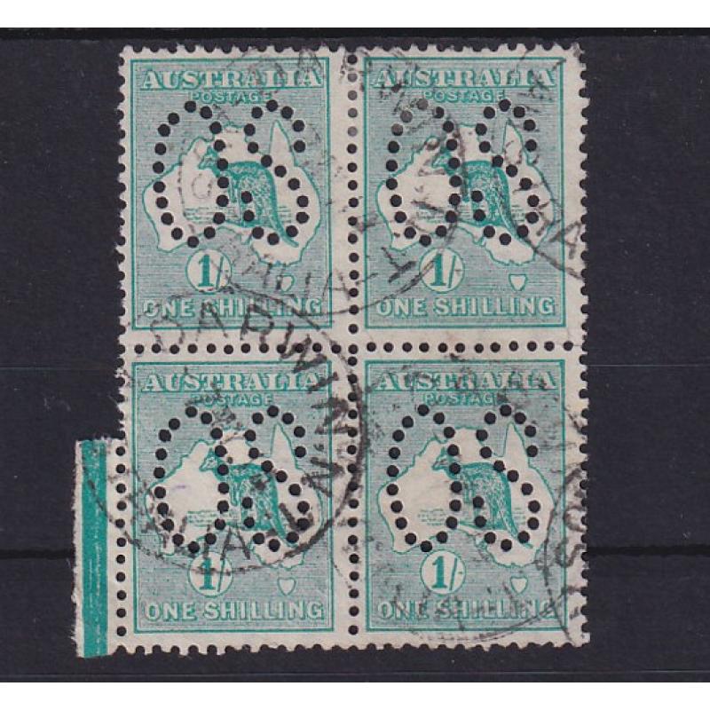 (ST1148) AUSTRALIA · 1913: used marginal block of 4x 1/- emerald Roo (1st Wmk) perf large OS BW 30Ab in excellent condition · total c.v. AU$400 (2 images)