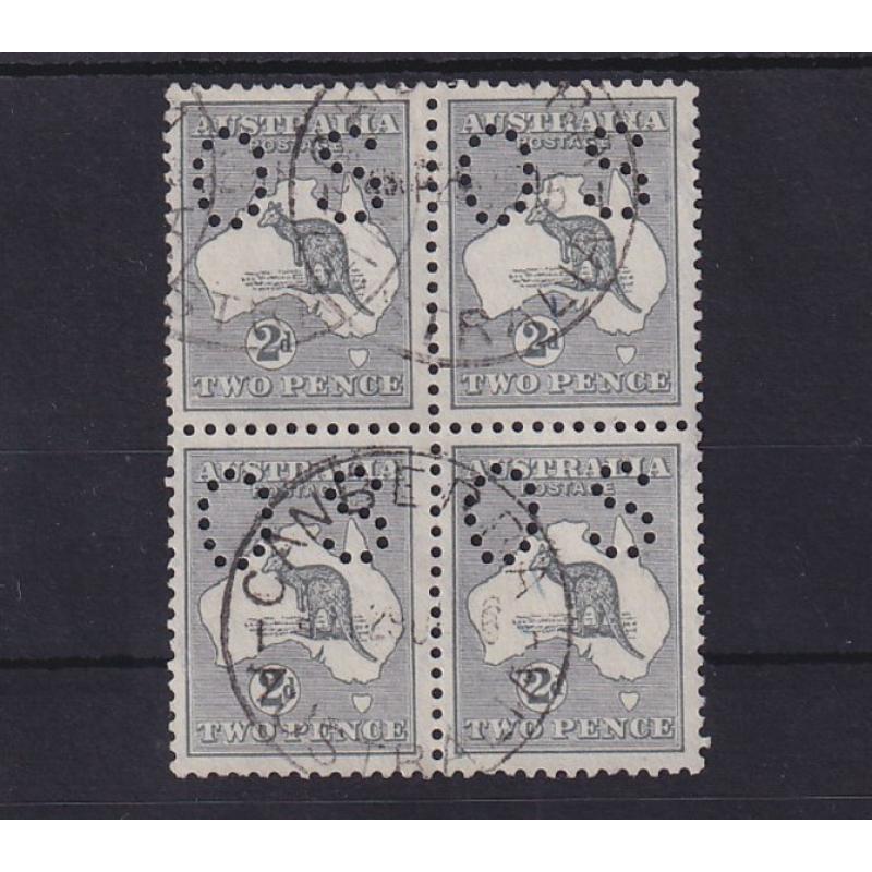 (ST1150) AUSTRALIA · 1913: nicely used block of 4x 2d grey Roo (2nd Wmk) perf small OS BW 6Aba in excellent condition · total c.v. AU$100 (2 images)