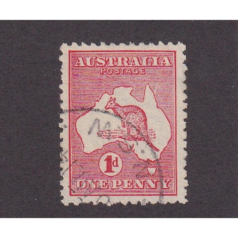 (ST1152) AUSTRALIA · 1914: used Die IIA 1d red Roo with variety VERTICAL SCRATCH ADJOINING CAPE YORK (pos.L/49) BW 4(K)f ·  pencilled annotation on verso o/wise in excellent condition · c.v. AU$90