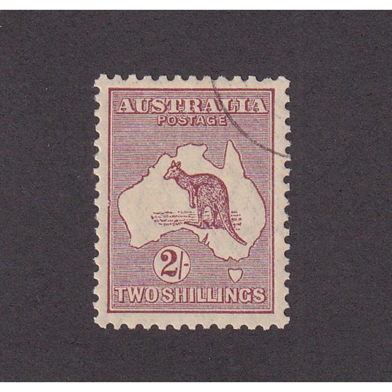 (ST1163) AUSTRALIA · 1929: c.t.o. 2/- maroon Roo (SM Wmk) w/variety TWO NICKS IN LEFT FRAME (pos. 2R/35) BW 39(2)n · some minor even gum discolouration o/wise in excellent condition · c.v. AU$125 (2 images)