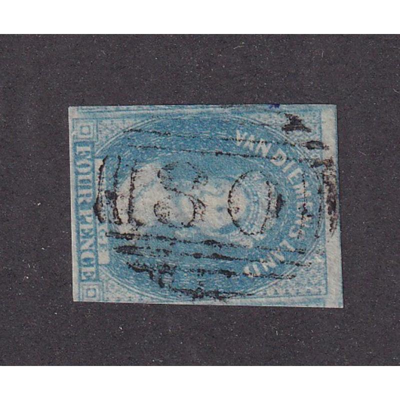 (ST1173) TASMANIA · a light but clear central strike of BN80 used at SNAKE BANKS on an inperf 4d blue QV Chalon · postmark is rated RRR