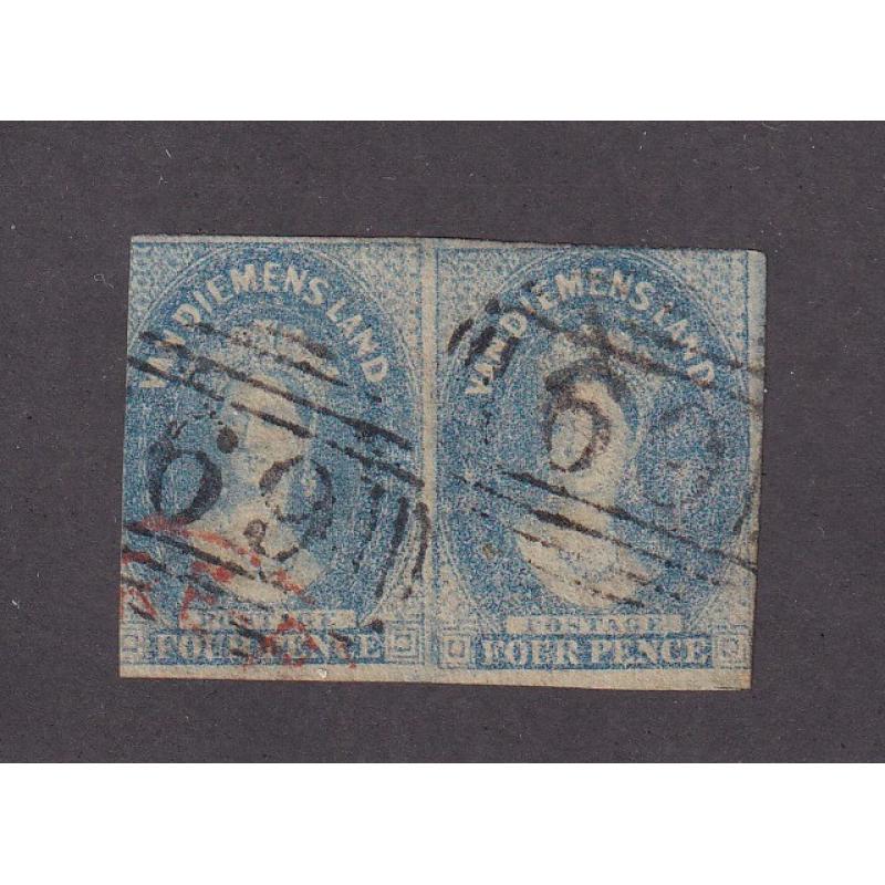 (ST1176) TASMANIA · two clear strikes of BN69 used at PORT ARTHUR on an imperf pair of 4d blue QV Chalons · postmark is rated R