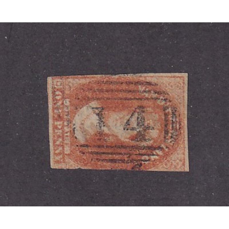 (ST1178) TASMANIA ·  a clear central strike of 2nd Alloction BN14 used at BURGESS (until 1873) on an imperf 1d QV Chalon · postmark is rated RRRR