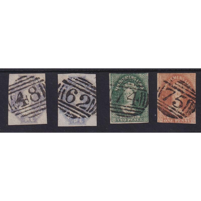 (ST1179) TASMANIA · 1st Allocation Barred Numeral cancels used at the HOBART G.P.O. on different QV Chalon issues · 48, 62, 74 & 75 · all excellent clear strikes (4)