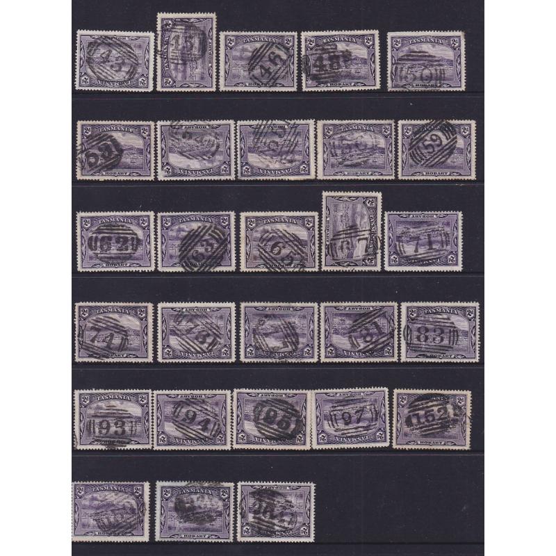 (ST1180L) TASMANIA ·  1900: 53 different Barred Numeral cancels on 2d Pictorials selected for their clarity and degree of completeness · from '1' through to '180' · 'rated' included (2 images)