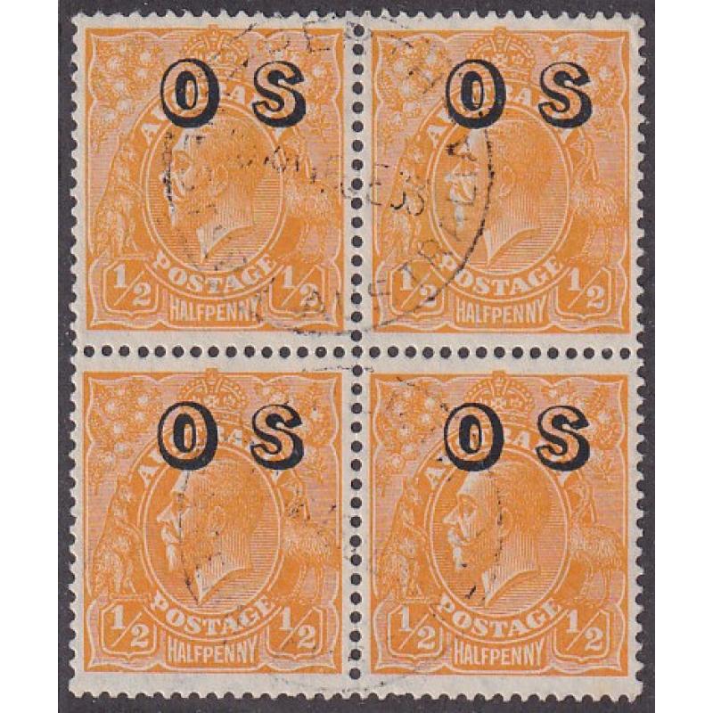 (ST1182) AUSTRALIA · 1932: FU block of 4x ½d orange KGV defin optd OS SG O128 · $5 STARTER!!