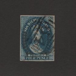 (ST1501) TASMANIA · 1855: nicely used imperf 4d deep blue QV Chalon (Star Wmk) SG 17 with 4 excellent margins · c.v. £150 (2 images)