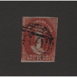 (ST1503) TASMANIA ·  1856: used 3 margin imperf 1d deep red-brown QV Chalon printed on unwatermarked Pelure paper SG 24 · excellent condition front/reverse · c.v. £800 (2 images)