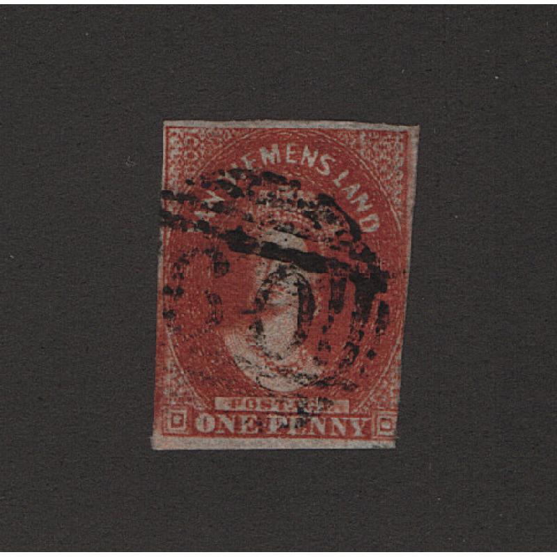 (ST1503) TASMANIA ·  1856: used 3 margin imperf 1d deep red-brown QV Chalon printed on unwatermarked Pelure paper SG 24 · excellent condition front/reverse · c.v. £800 (2 images)