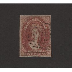 (ST1504) TASMANIA · 1857: lightly ised 1d pale red-brown QV Chalon (Numeral Wmk) SG 26 · four excellent margins · c.v. £45 (2 images)