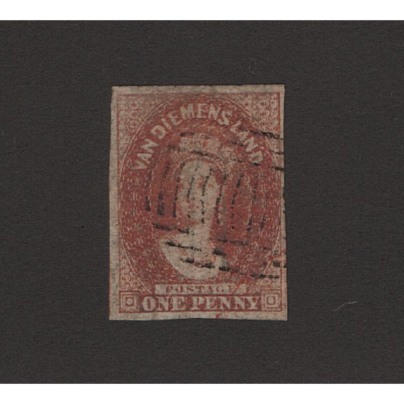 (ST1504) TASMANIA · 1857: lightly ised 1d pale red-brown QV Chalon (Numeral Wmk) SG 26 · four excellent margins · c.v. £45 (2 images)