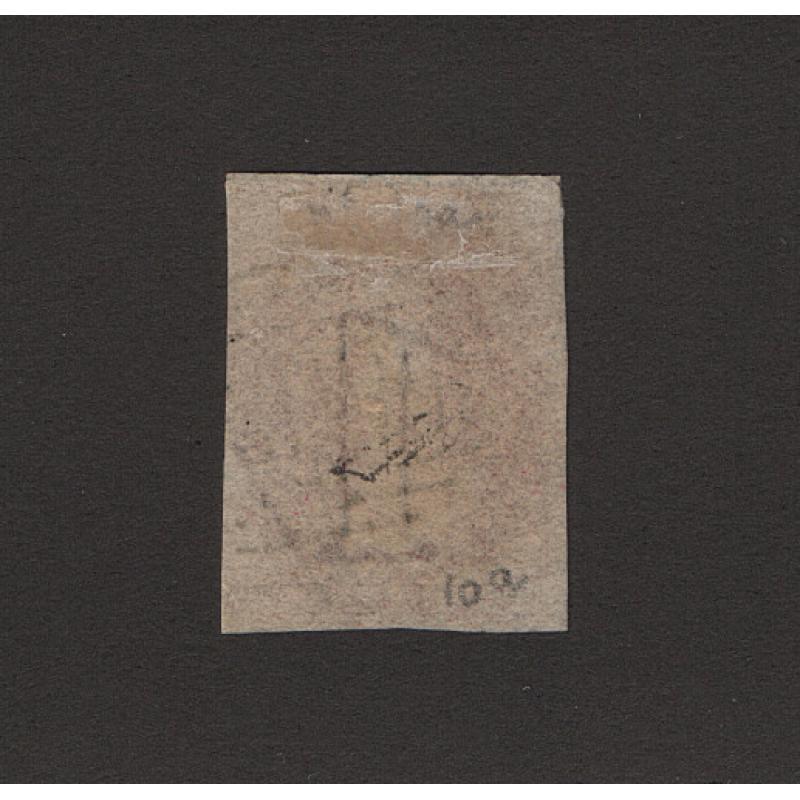 (ST1504) TASMANIA · 1857: lightly ised 1d pale red-brown QV Chalon (Numeral Wmk) SG 26 · four excellent margins · c.v. £45 (2 images)