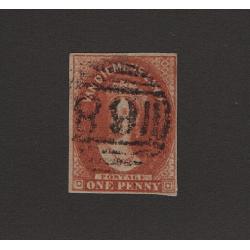 (ST1505) TASMANIA · 1857: used 1d deep red-brown QV Chalon (Numeral Wmk) SG 25 with four margins · c.v. £55 (2 images)