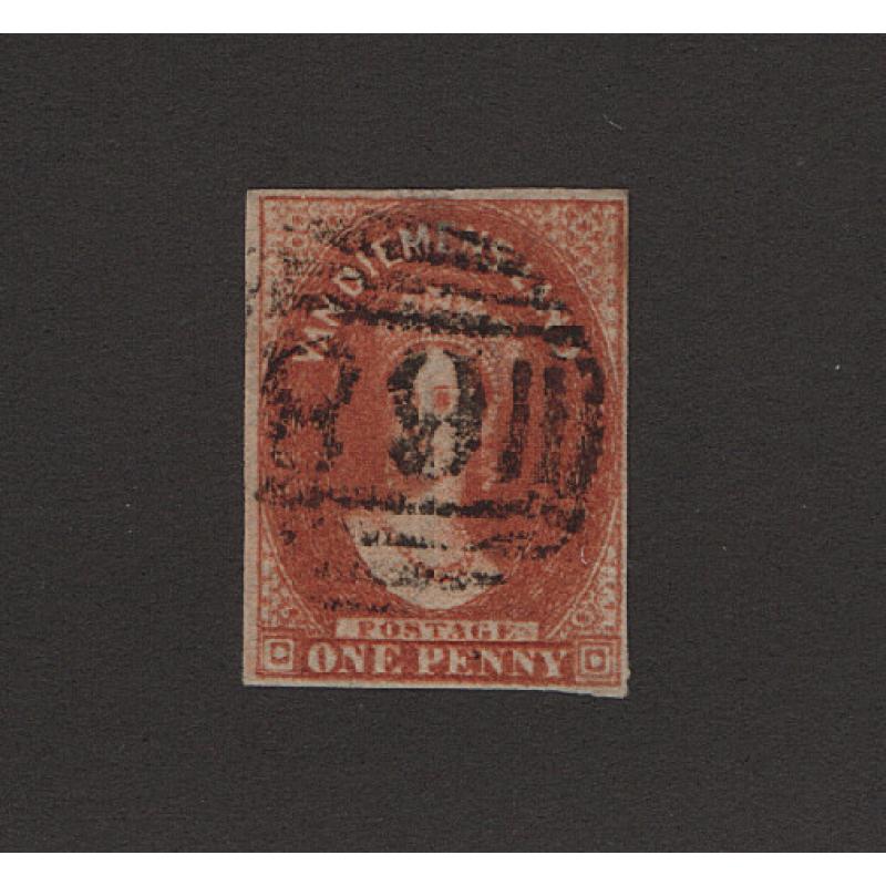 (ST1505) TASMANIA · 1857: used 1d deep red-brown QV Chalon (Numeral Wmk) SG 25 with four margins · c.v. £55 (2 images)