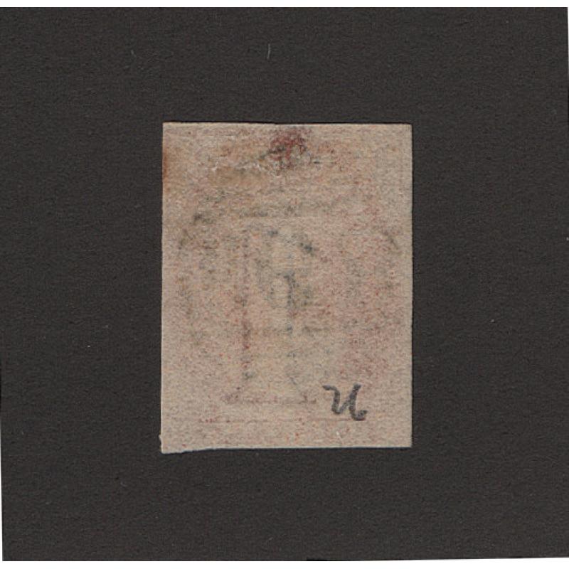 (ST1505) TASMANIA · 1857: used 1d deep red-brown QV Chalon (Numeral Wmk) SG 25 with four margins · c.v. £55 (2 images)