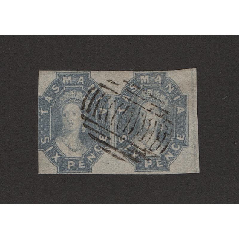 (ST1506) TASMANIA · 1860: lightly used pair of imperf 6d grey QV Chalons SG 45 · nice margins just touching at left and at the top of the RH unit · total c.v. £190 (2 images)