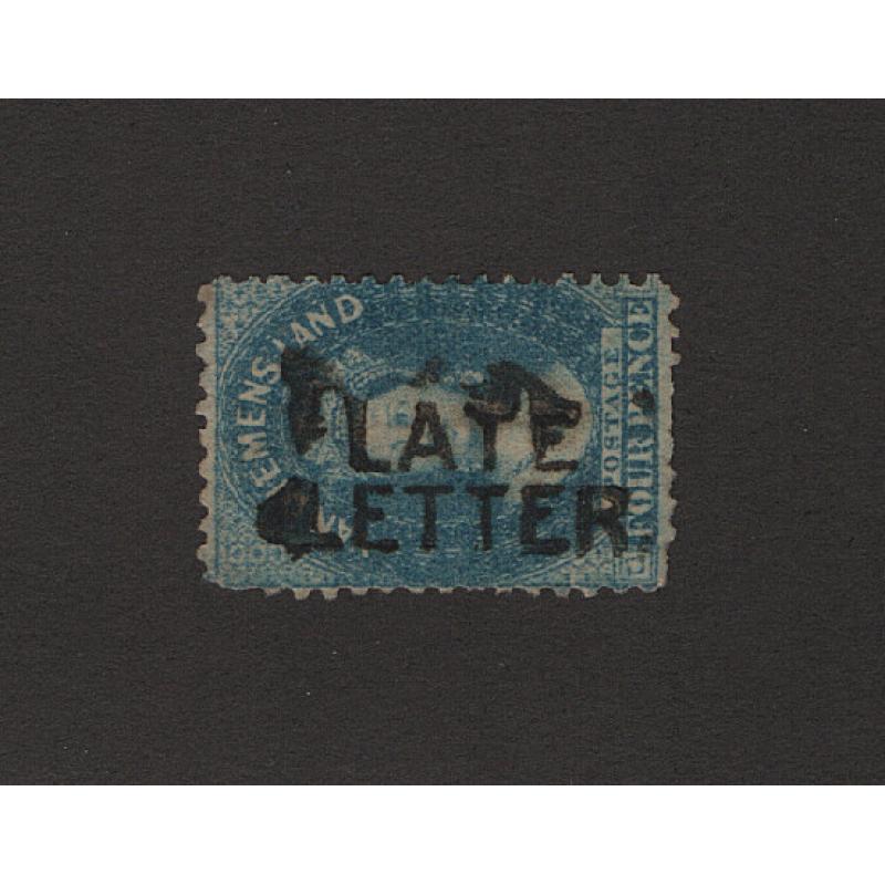 (ST1508) TASMANIA · 1870s: 4d blue QV Chalon perf.12 SG 73 with a bold impression of the LATE LETTER h/s applied at the Hobart GPO