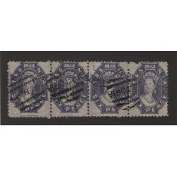 (ST1509) TASMANIA · 1863/71: nicely used horiz. strip of 4x 6d slate-violet QV Chalons perf.12 SG 75 · a couple of "pulled perfs" at top of RH unit o/wise in excellent condition · total c.v. £120 (2 images)