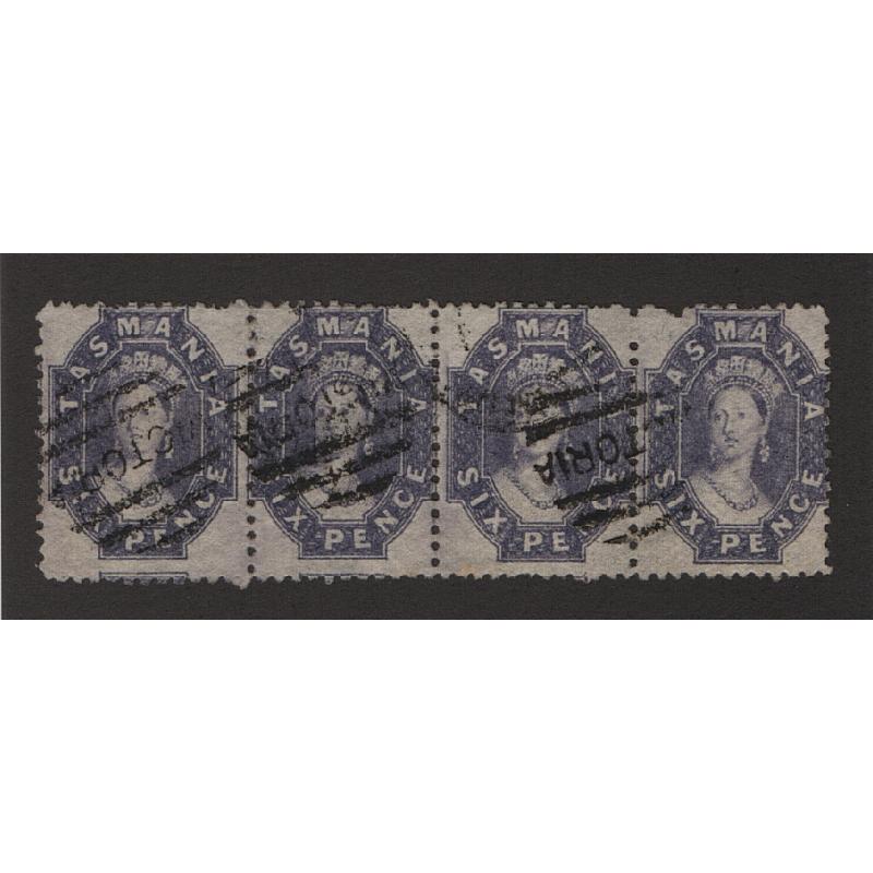 (ST1509) TASMANIA · 1863/71: nicely used horiz. strip of 4x 6d slate-violet QV Chalons perf.12 SG 75 · a couple of "pulled perfs" at top of RH unit o/wise in excellent condition · total c.v. £120 (2 images)