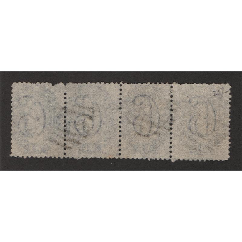 (ST1509) TASMANIA · 1863/71: nicely used horiz. strip of 4x 6d slate-violet QV Chalons perf.12 SG 75 · a couple of "pulled perfs" at top of RH unit o/wise in excellent condition · total c.v. £120 (2 images)