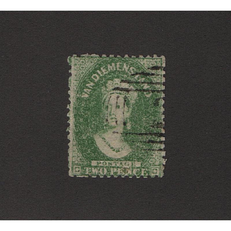 (ST1510) TASMANIA · 1864/68: nicely used 2d yellow-green QV Chalon perf.12½ SG 83 · small "spot" which may be a natural paper inclusion o/wise in excellent condition · c.v. £170 (2 images)